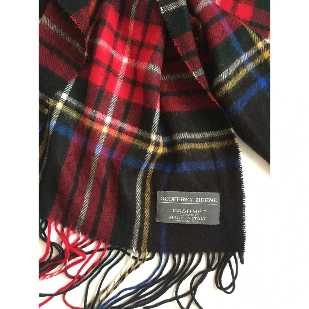 Geoffrey Beene Mens Plaid‎ Scarf Red Black Cashme Acrylic Made in Italy Fringe